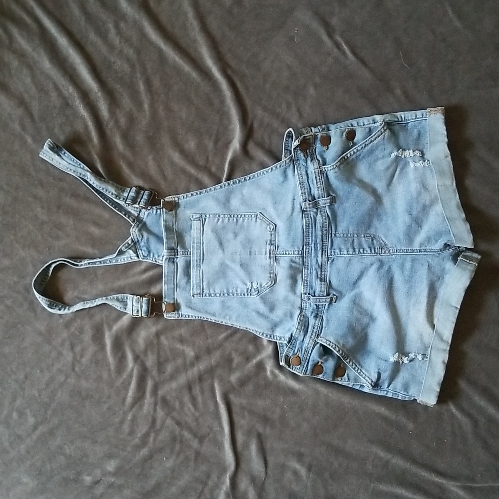 Blue Distressed Denim Short Overalls Size 9